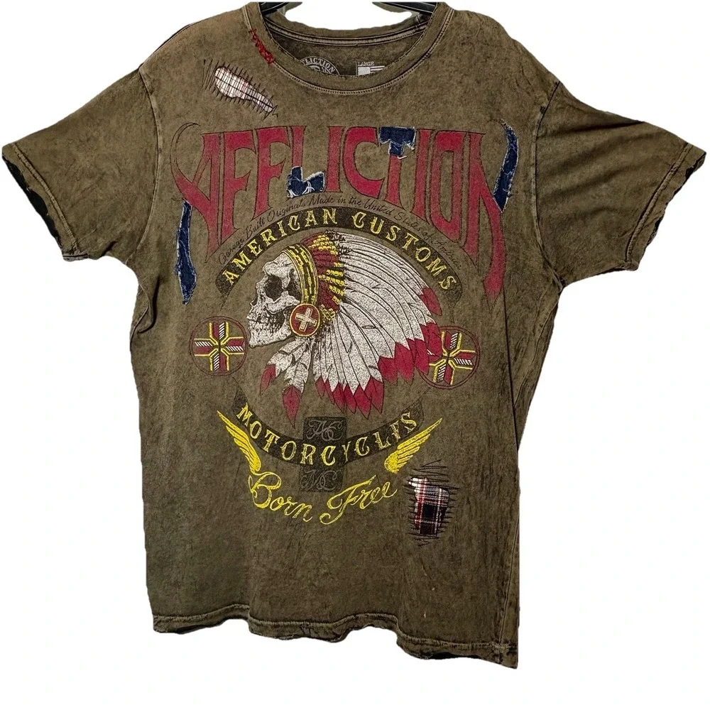 Affliction Skull Indian Motorcycle T Shirt Sz L Brown Black Grunge Look Distress